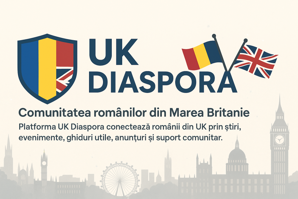 Banner UK Diaspora cu steagurile României și Regatului Unit, logo și mesaj pentru comunitatea românilor din Marea Britanie